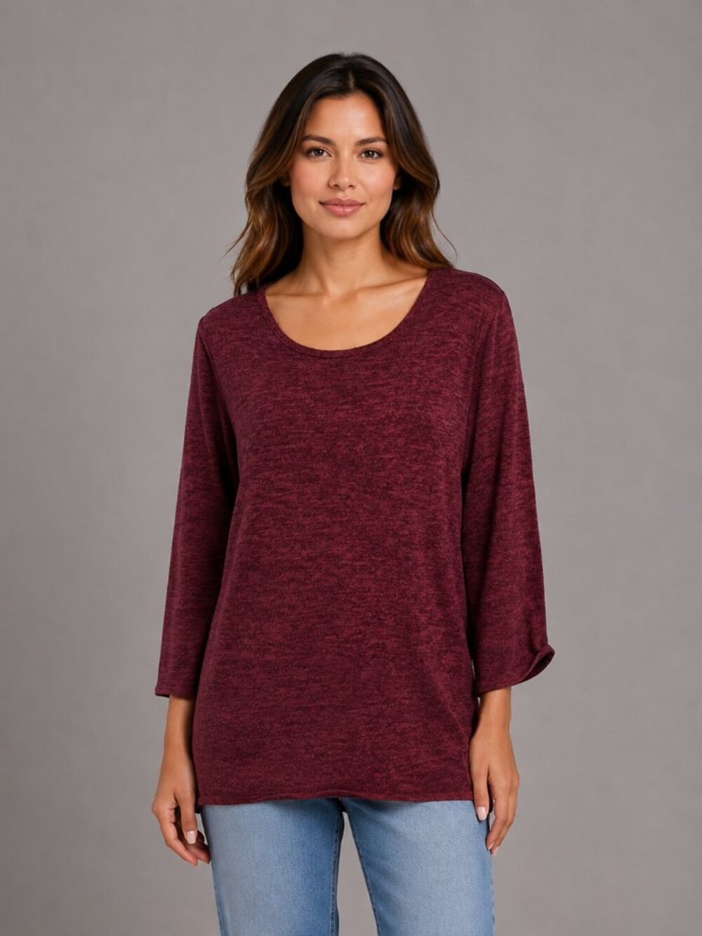 Star Vixen 1X Burgundy Marled Knit Tunic Top 3/4 Sleeve High Low Hem